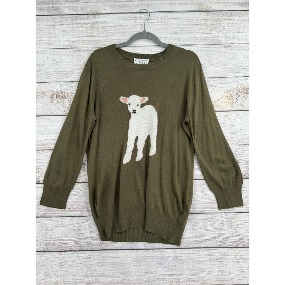 Peter Jensen Sweater Women Large Olive Green Lamb Intarsia Wool Angora Blend